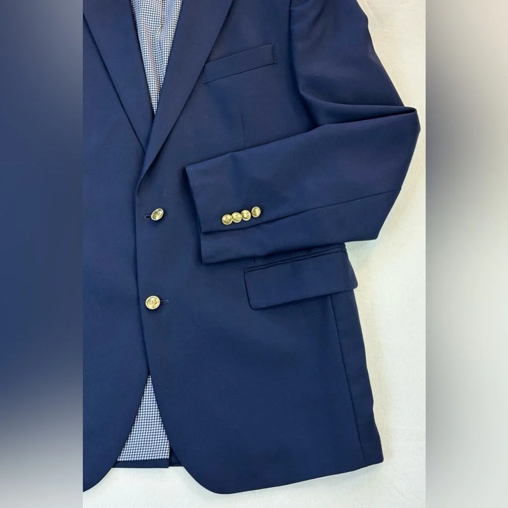 STAFFORD Hopsack Navy Blazer Gold Button Blue Gingham Preppy Wool Business 44L‎